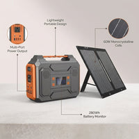 300-Watt Portable Solar Generator W/ Foldable 60-Watt Monocrystalline Solar Panel and 280Wh for Camping, RV, Outdoor Use — infographic