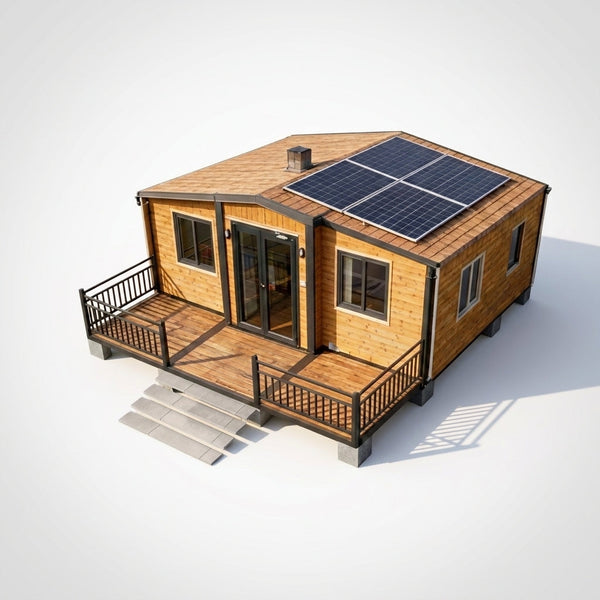 Prefab Tiny Home Built for Off-Grid Living, Foldable Steel Frame, Galvanized Construction, Large Windows — Studio Shot