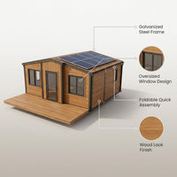 Prefab Tiny Home Built for Off-Grid Living, Foldable Steel Frame, Galvanized Construction, Large Windows — infographic