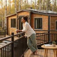 Prefab Tiny Home Built for Off-Grid Living, Foldable Steel Frame, Galvanized Construction, Large Windows — Lifestyle