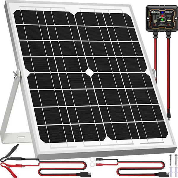 Solar Panel Kit 20W 12V, Solar Battery Trickle Charger Maintainer + Upgrade Controller + Adjustable Mount Bracket