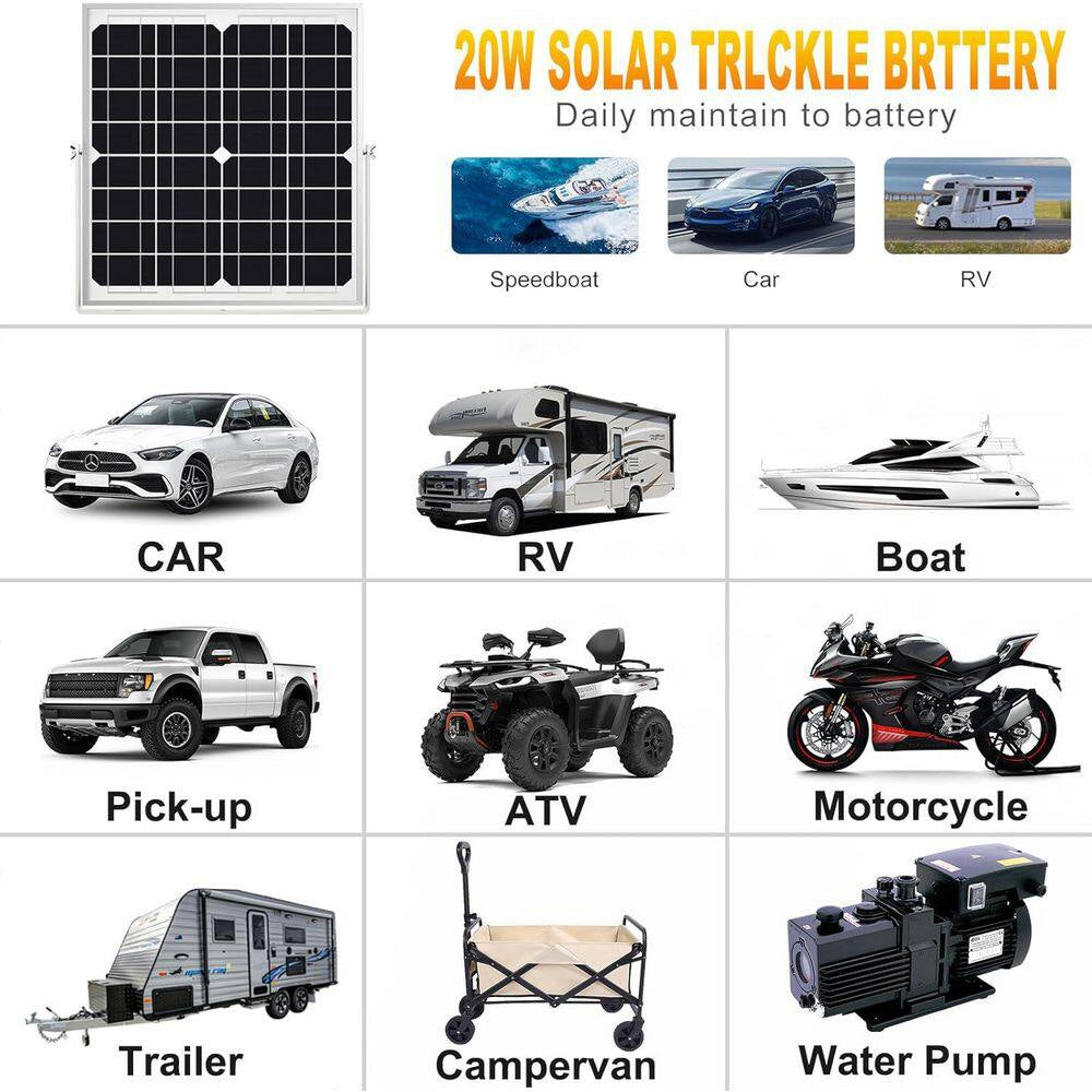 Solar Panel Kit 20W 12V, Solar Battery Trickle Charger Maintainer + Upgrade Controller + Adjustable Mount Bracket